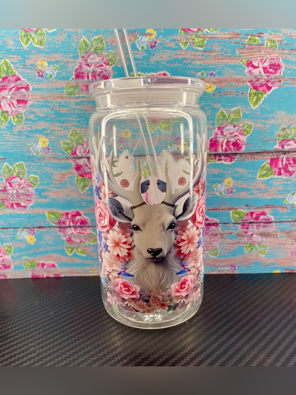 Floral Deer Acrylic Tumbler with Straw - Pink Floral Design
